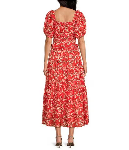 Floral Print Scoop Neck Short Puff Sleeve Midi Dress
