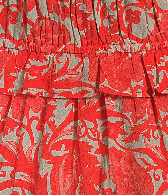 Floral Print Scoop Neck Short Puff Sleeve Midi Dress