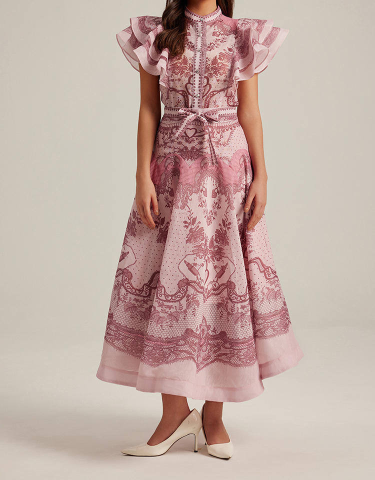 Printed Standing Collar Lantern Sleeve Button Two Piece Set