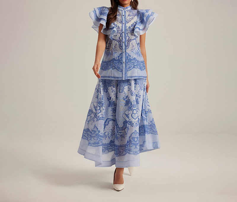 Printed Standing Collar Lantern Sleeve Button Two Piece Set