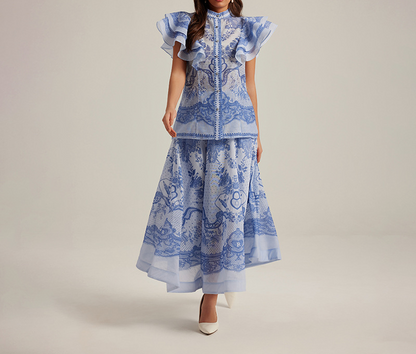 Printed Standing Collar Lantern Sleeve Button Two Piece Set