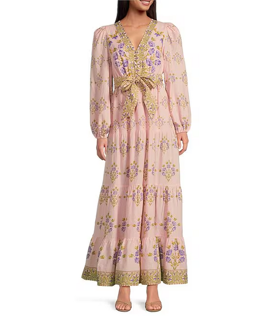 Floral Printed Long Sleeve V-Neck Self Tie Maxi Dress