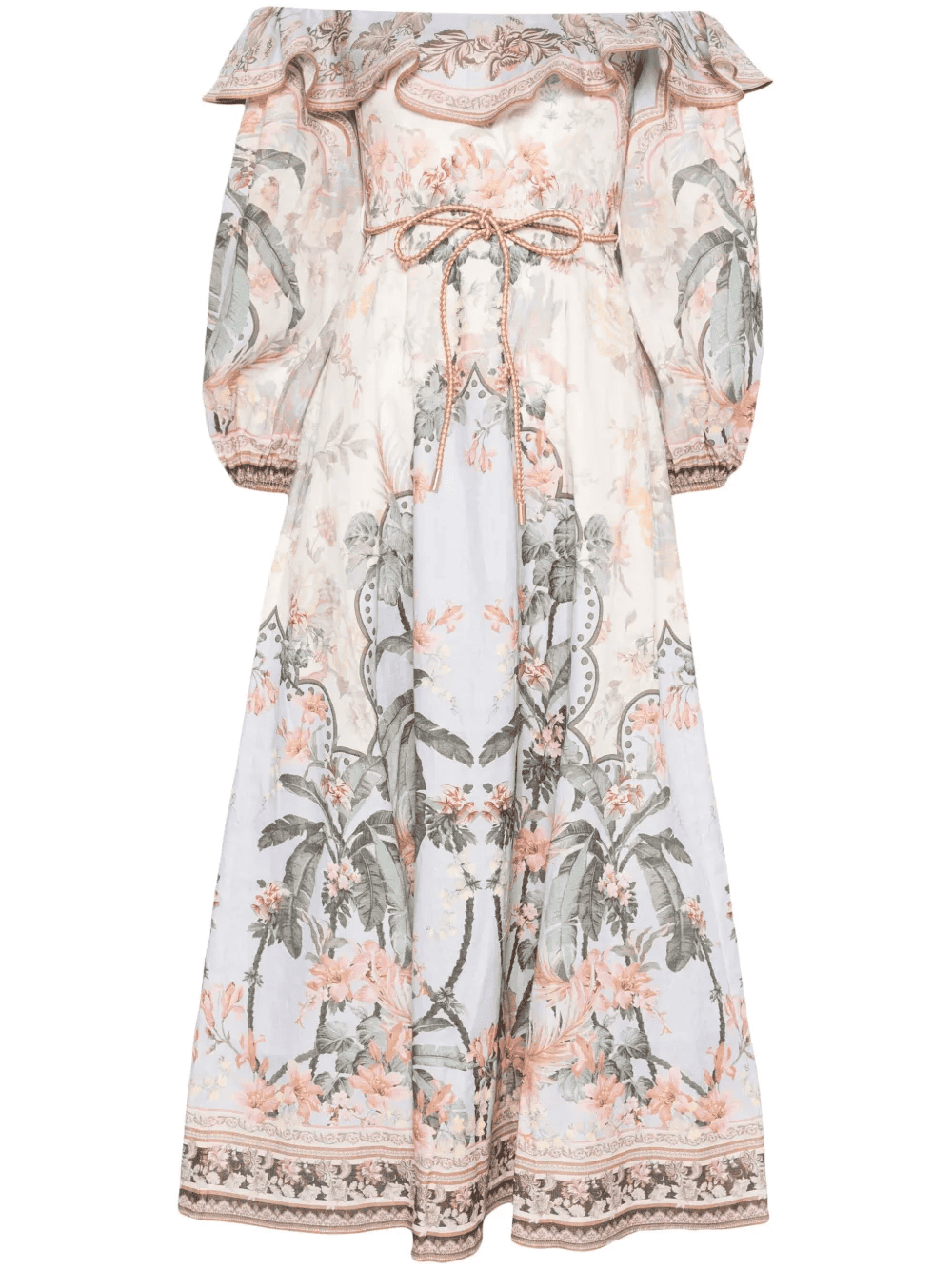 Printed Strapless Lantern Sleeve High Waist Dress