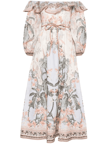 Printed Strapless Lantern Sleeve High Waist Dress