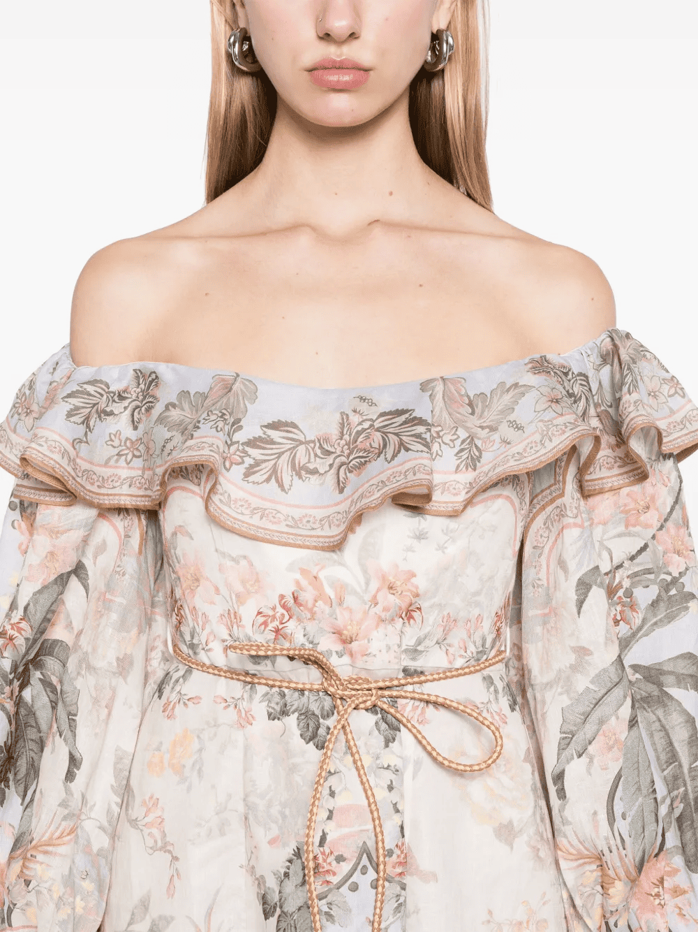 Printed Strapless Lantern Sleeve High Waist Dress