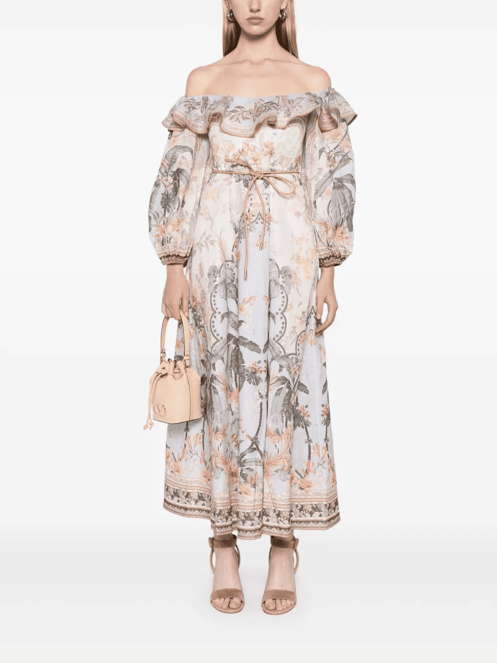 Printed Strapless Lantern Sleeve High Waist Dress