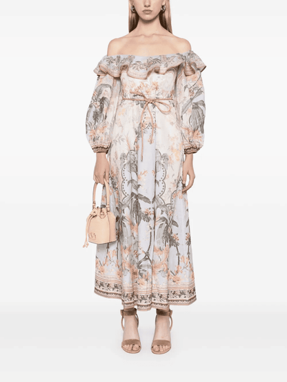 Printed Strapless Lantern Sleeve High Waist Dress