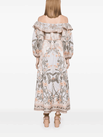 Printed Strapless Lantern Sleeve High Waist Dress
