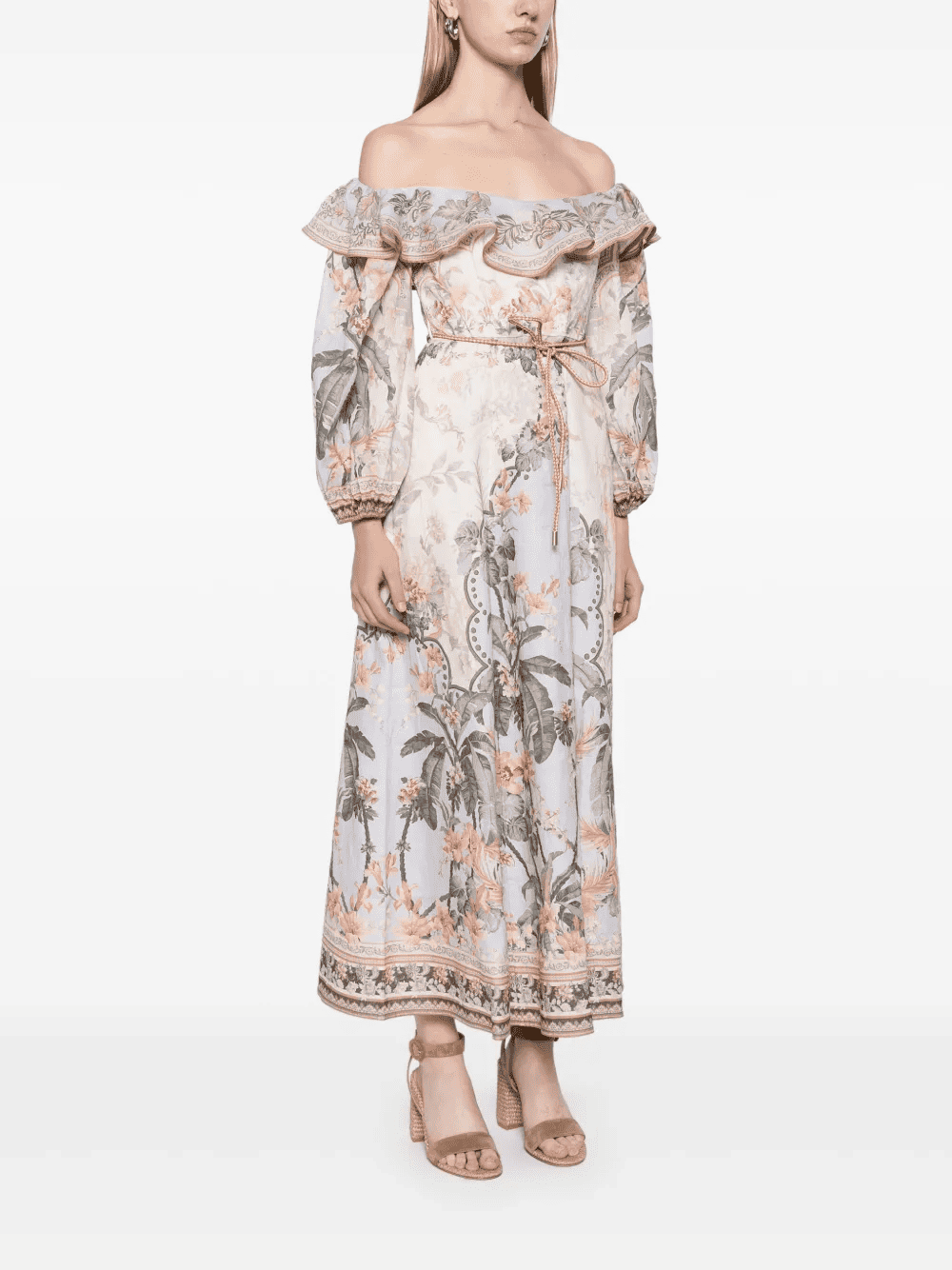 Printed Strapless Lantern Sleeve High Waist Dress