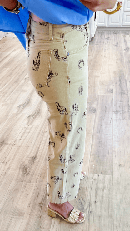 Khaki / White Cowboy Print Pants