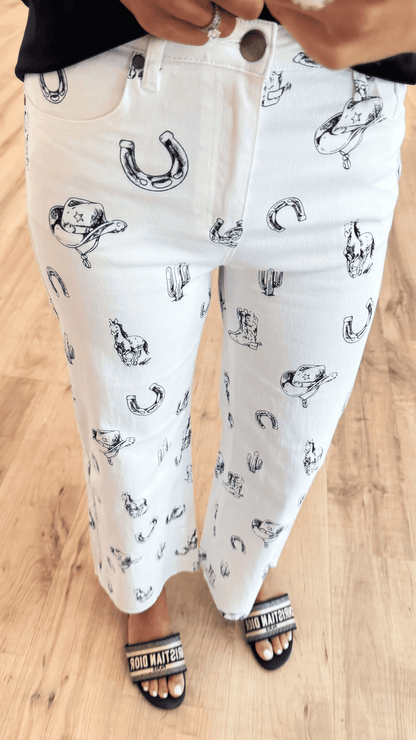 Khaki / White Cowboy Print Pants