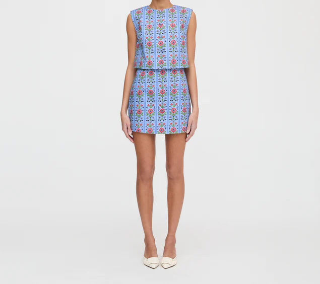 Blue Printed Top Skirt Two Piece Set
