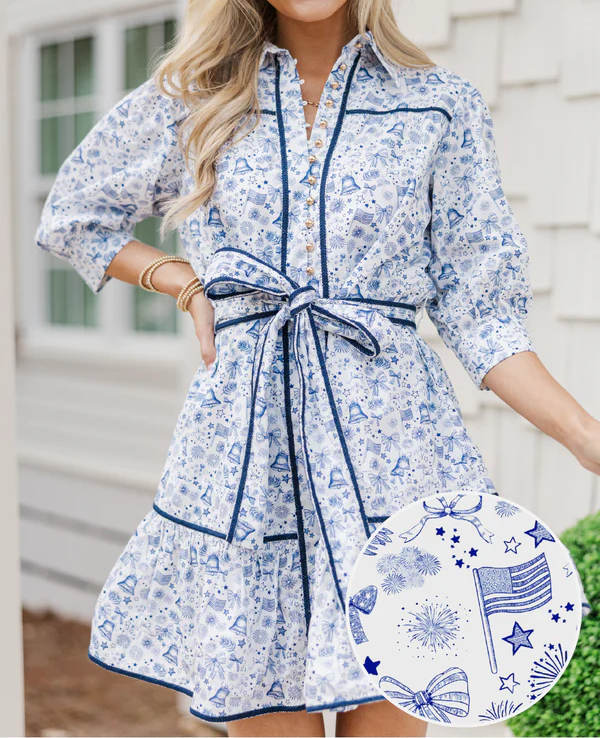 Gather Round Navy/pink Printed Toile Dress