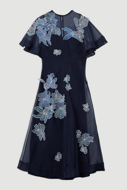 Floral Applique Organdie Woven Maxi Dress