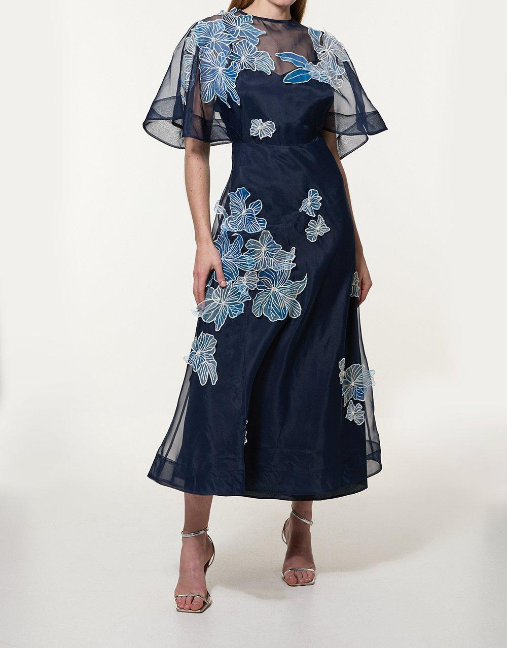 Floral Applique Organdie Woven Maxi Dress