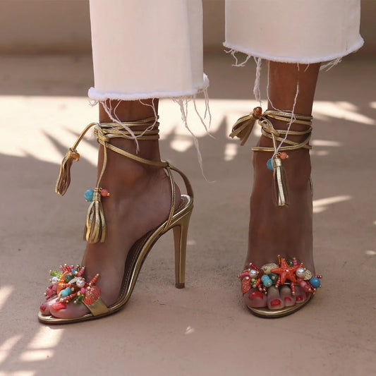 Vacation Style Shell Gold Heeled Sandals