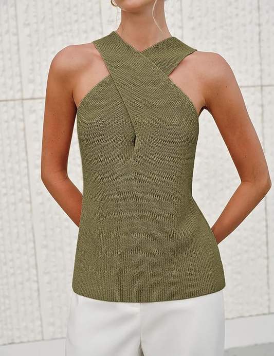 Halter Cross Over Collar Tank Knit Sleeveless Top
