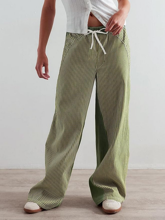 Striped  Pull On Drawstring Boho Wide Leg Jeans
