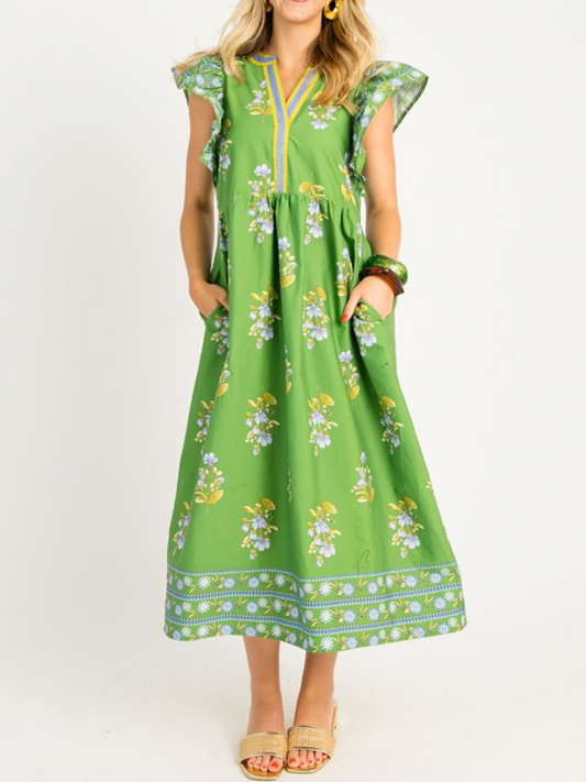 V-Neck Collins Floral Midi Dress