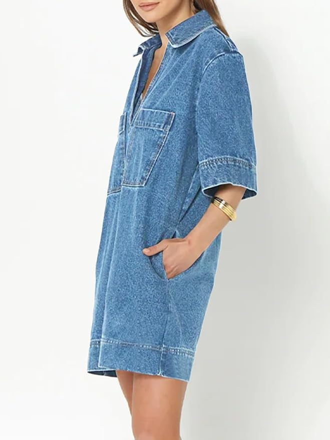 V Neck Mini Casual Jean Dresses