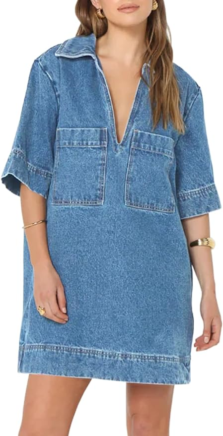 V Neck Mini Casual Jean Dresses