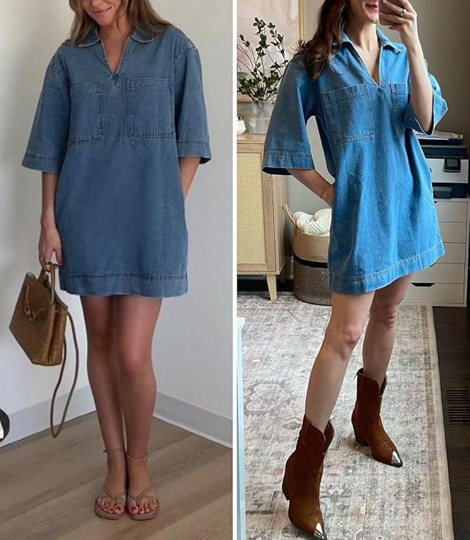 V Neck Mini Casual Jean Dresses