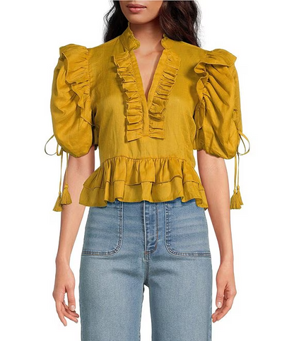 Ruffle  Bubble Sleeve  Blouse ＋Floral Printed Wide Leg Pants