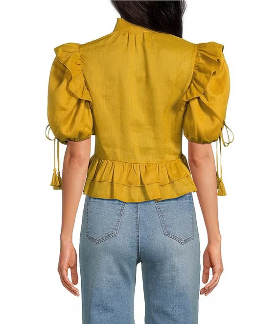 Ruffle  Bubble Sleeve  Blouse ＋Floral Printed Wide Leg Pants