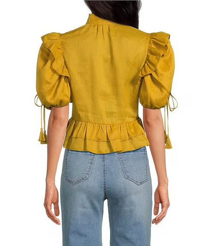 Ruffle  Bubble Sleeve  Blouse ＋Floral Printed Wide Leg Pants