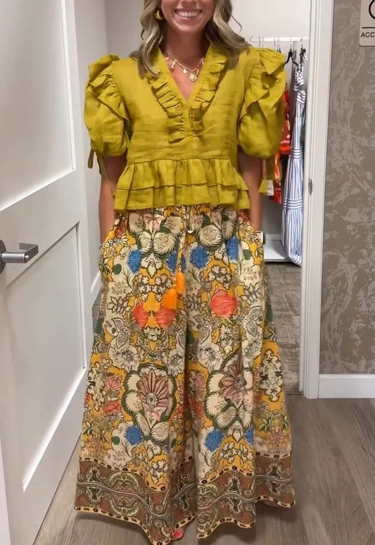 Ruffle  Bubble Sleeve  Blouse ＋Floral Printed Wide Leg Pants