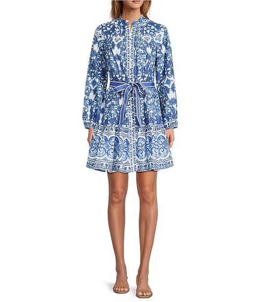 Navy Scarf Print Long Sleeve Tie Waist Dress