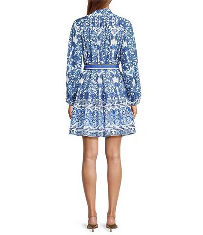 Navy Scarf Print Long Sleeve Tie Waist Dress