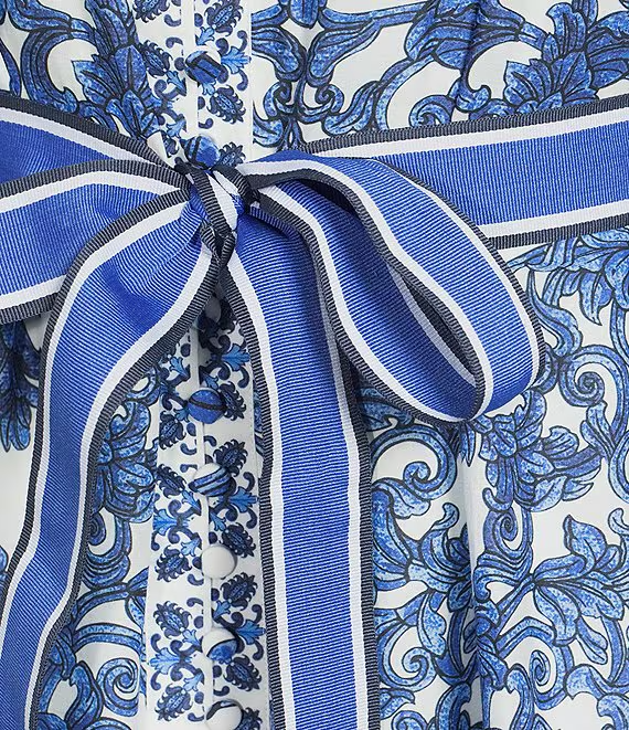 Navy Scarf Print Long Sleeve Tie Waist Dress
