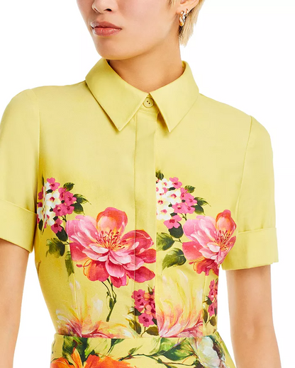 Bold Floral Print Shirt Midi Dress