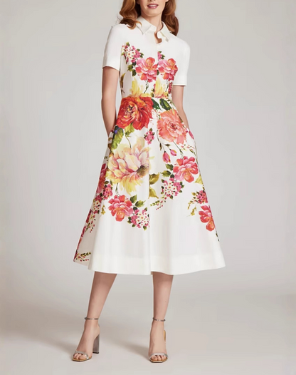 Bold Floral Print Shirt Midi Dress
