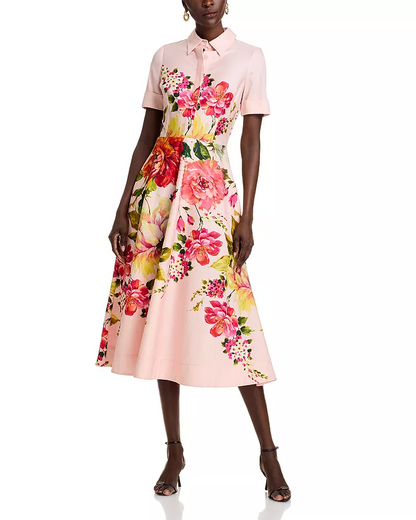Bold Floral Print Shirt Midi Dress