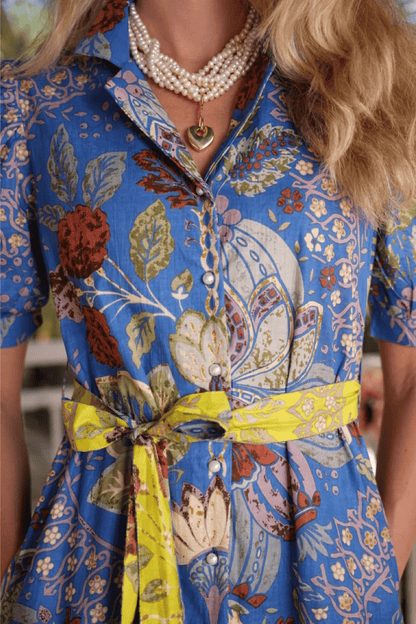 Blue Floral Dress withn Yellow Belt