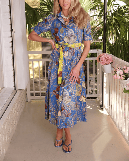 Blue Floral Dress withn Yellow Belt