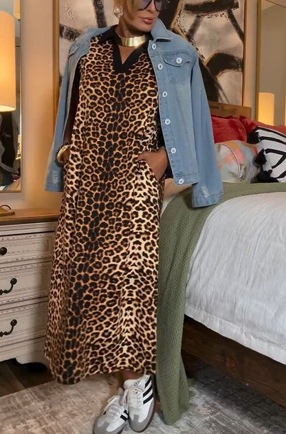 Short Sleeve Animal Print Maxi Dress