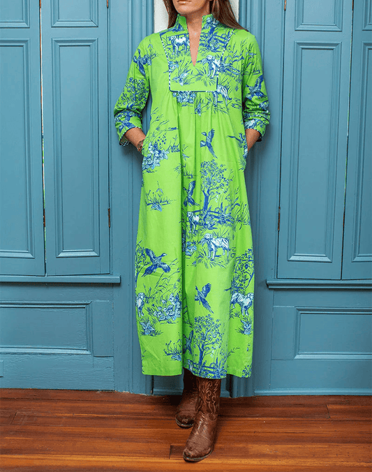 V-neck Green Printed Dress With Belt