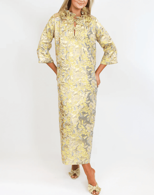 Golden High-Neck Printed Embroidered Dress