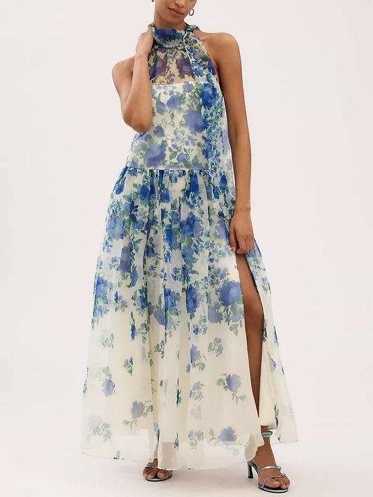 High-Neck Scarf Floral Maxi Dress