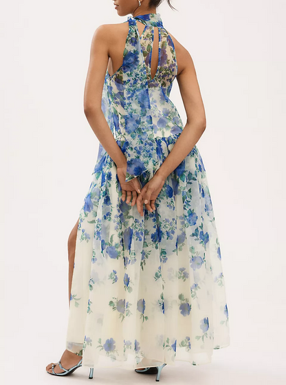 High-Neck Scarf Floral Maxi Dress