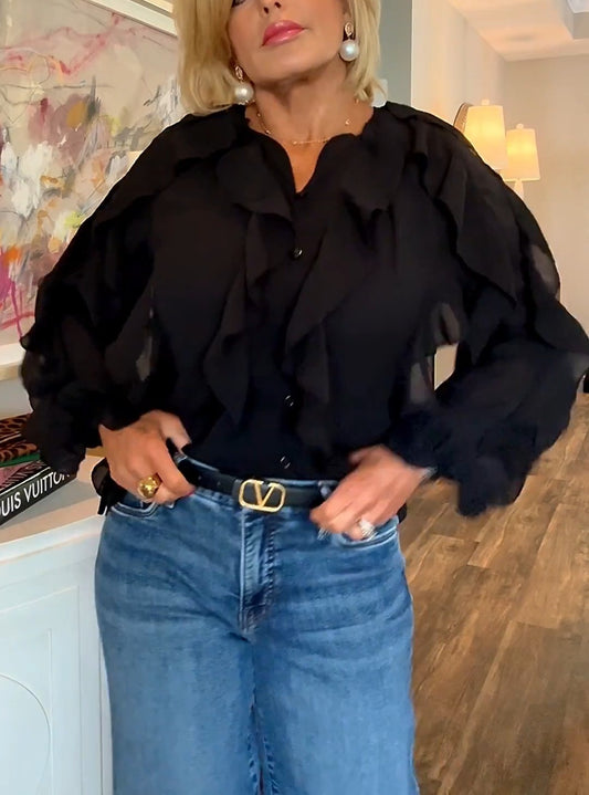 V Neck See Through Chiffon Ruffled Tops