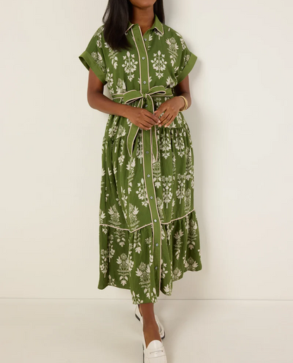 Green Printed Dress With Belt