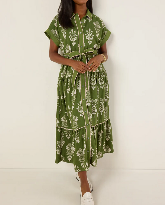 Green Printed Dress With Belt