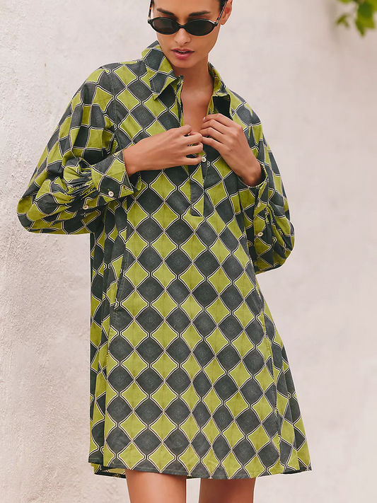 Print Long-Sleeve Mini Shirtdress
