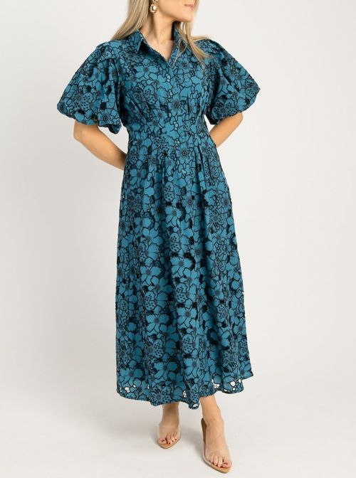 Floral Eyelet Button Midi, Teal