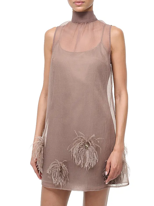 Feather-Embellished Mesh Minidress