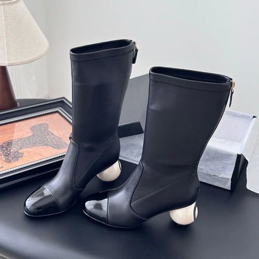 Color-Blocked Pearl Ball Heel Boots